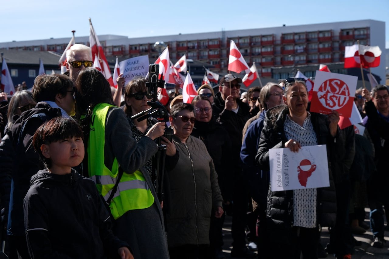 People gather to protest on the day of the opening of a new U.S. consulate in Nuuk, Greenland, May 21, 2026.